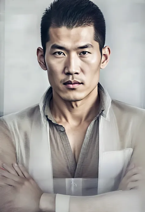 Asian fully transparent face, thick curly black hair avatar，（bust），（Chinese actor Hu Ge：1.1），Toned muscles，