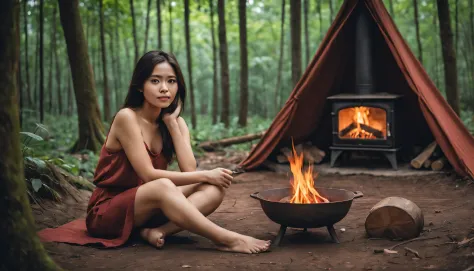 a beautiful woman with an indonesian face in the middle of the forest sitting in front of the fireplace not blocking the firepla...