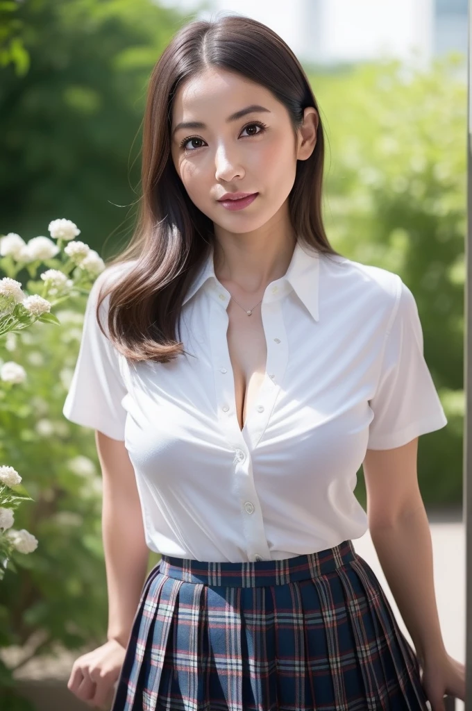 gravure, from the chest up, table top, highest quality, super detailed, realistic, super dense skin, perfect anatomy, (Japanese mature woman 1 person), (alone), 40 years, (wrinkles around the eyes:1.3), big breasts, mature woman, Glamour, sexly, pure white skin, looking at the viewer、独奏, huge breasts, cleavage, Pose with your buttockss facing you, super short skirt, buttocks, shirt, beautiful natural places, Around the flower position, (detailed background), Plaid skirt, White shirt, huge breasts, cleavage, Showing a little cleavage from the shirt, low person, blurry background, blurry, failure, Plaid, short sleeve, wavy long hair, super mini skirt、uniform, gem, split lips, lips, pleated skirt, Depth of bounds written