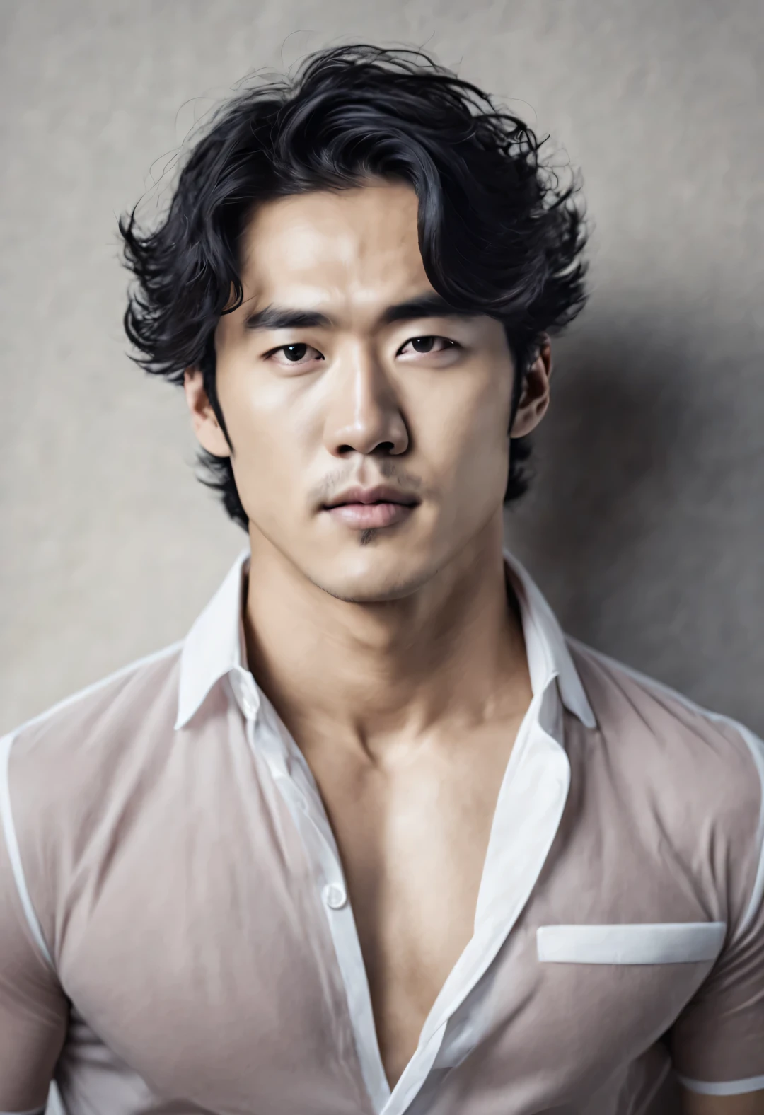 Head portrait of Asian man with completely transparent face and black curly hair，（bust），（Korean star Lee Sun Kyun：1.2），Toned muscles，