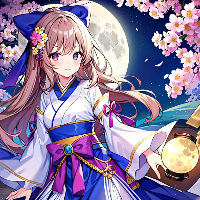 highest quality, expensive_solve, clear_image, detailed background ,girl, Hanbok,flower,garden,moon, night, fantasy