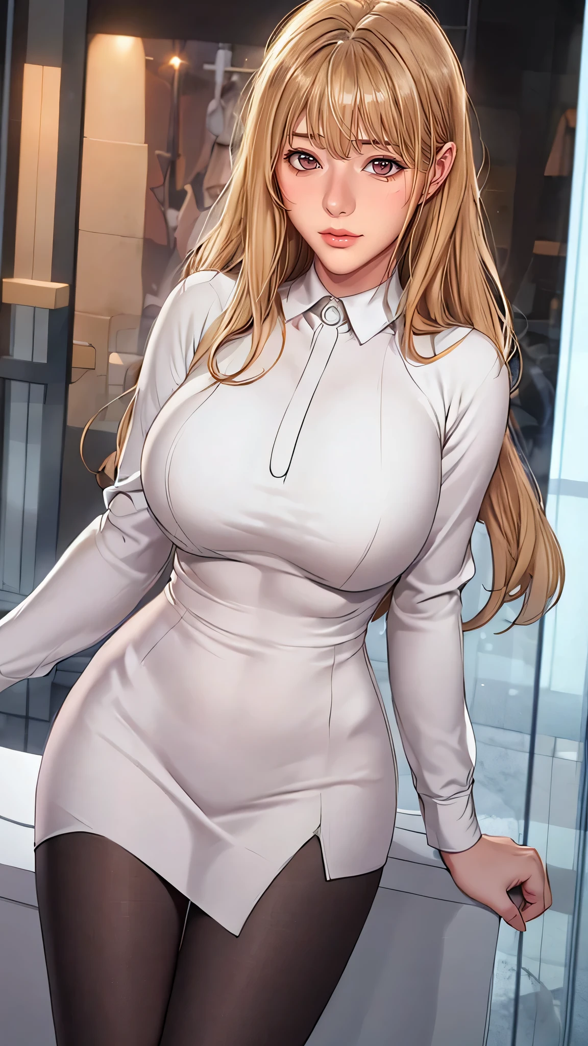 （（（aldult,blonde hair,long hair,brown eyes, （（（Denia，Manha，White shirt,pencil skirt,black pantyhose, ））），（（（wide hips））），S-shaped body:1.7））），((masterpiece)),high resolution, ((Best quality at best))，masterpiece，quality，Best quality，（（（ Exquisite facial features，looking at the audience,There is light in the eyes，Ha ha，blush，Shy ））），（（（Light and shadow interlace，huge ））），（（（from below，）））