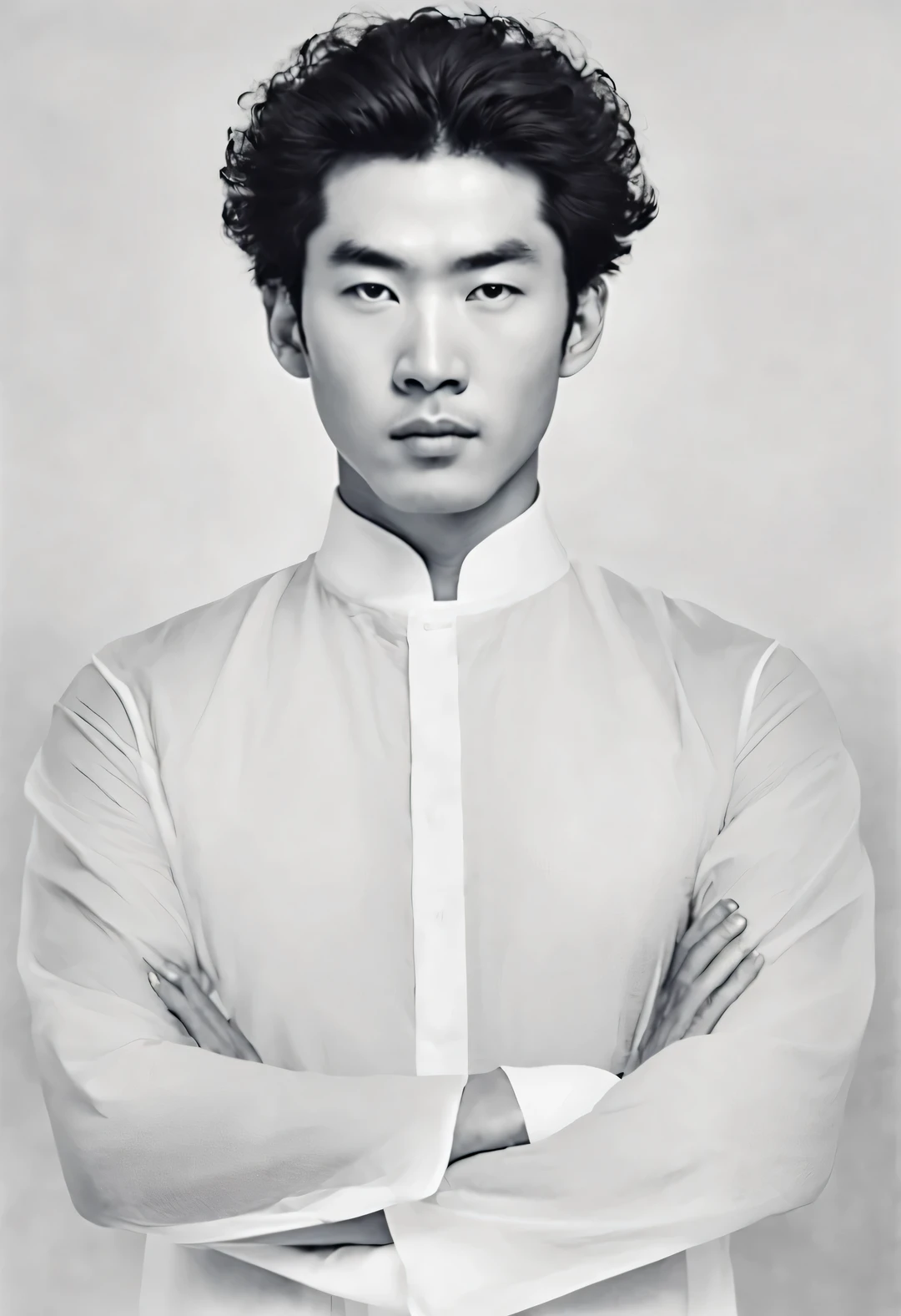 Head portrait of Asian man with completely transparent face and black curly hair，（bust），（Hu Bing, The first Chinese representative model to appear on the international stage：1.2），Toned muscles，