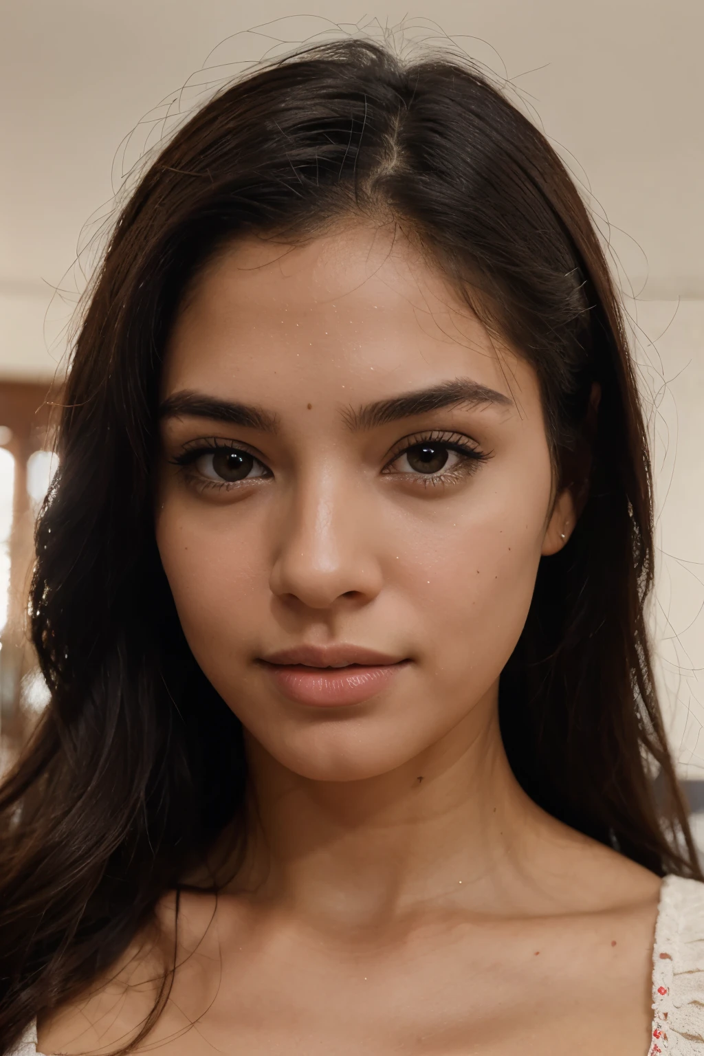 A close up of a woman with long hair and a white top - SeaArt AI