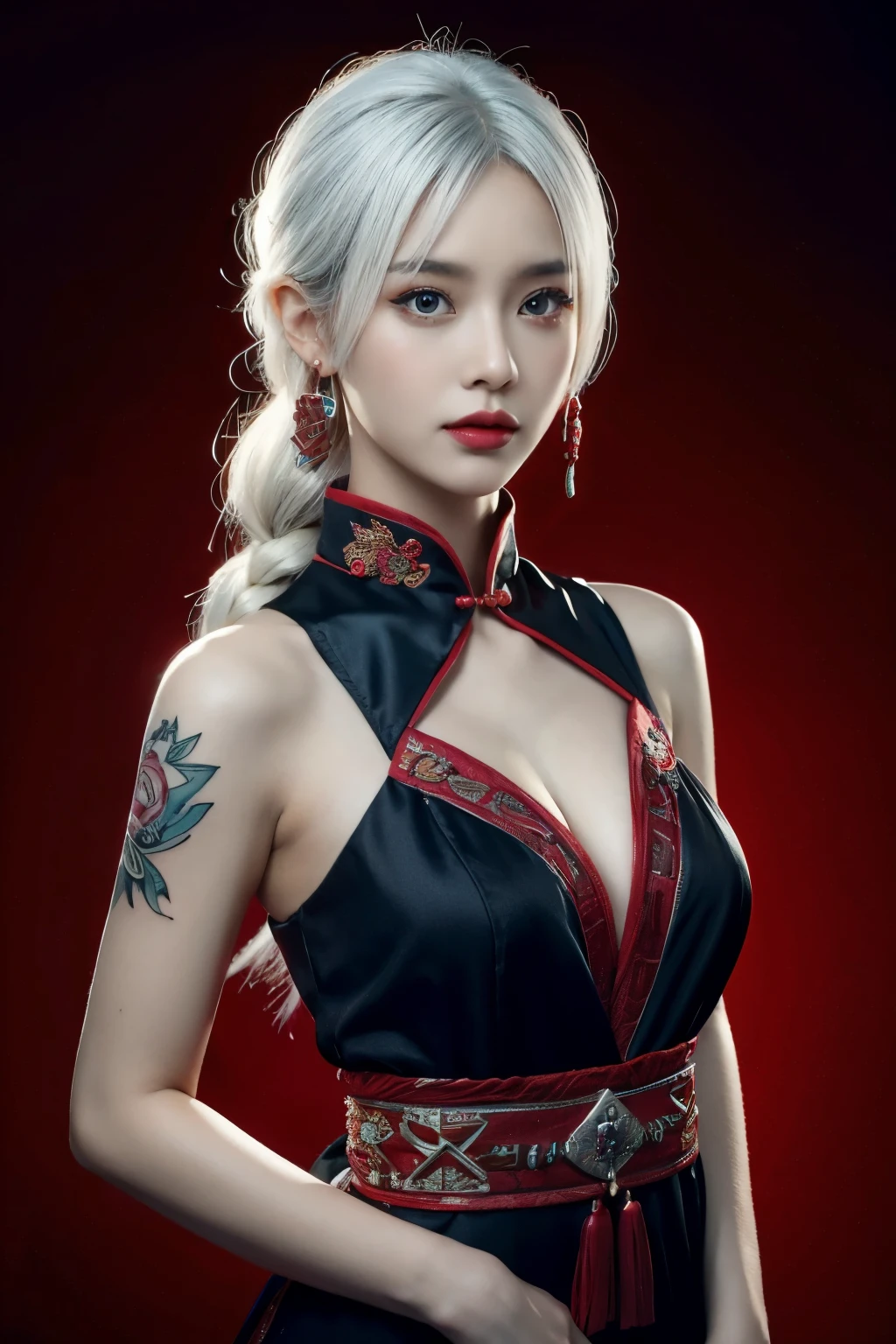 vibrant colors, female, masterpiece, sharp focus, best quality, depth of field, cinematic lighting, white hair, red eyes, braid, dress, long hair, red eyes, tattoo, earrings, jewelry, black dress, hair ornament, bangs, chinese clothes, breasts, china dress, sleeveless, 