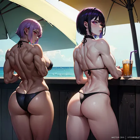 (((1girl) ,pale skin, Masterpiece, ultra quality)), purple short hair, red eyes, posing to pictures from back, big butt, muscle body,strong body, muscle arms, muscle legs,black micro bikini,nsfw, bare butt, oiled body, drinking a beer, on beach