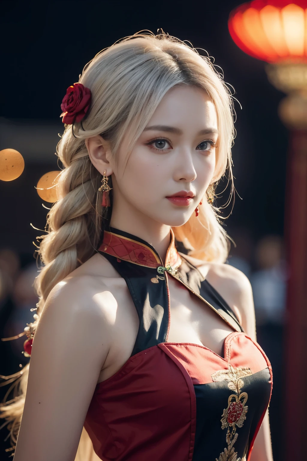 vibrant colors, female, masterpiece, sharp focus, best quality, depth of field, cinematic lighting, white hair, red eyes, braid, dress, long hair, red eyes, tattoo, earrings, jewelry, black dress, hair ornament, bangs, chinese clothes, breasts, china dress, sleeveless, 