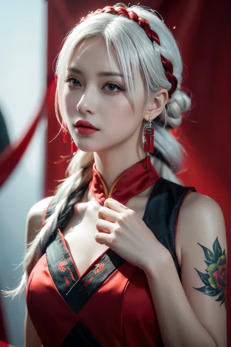 vibrant colors, female, masterpiece, sharp focus, best quality, depth of field, cinematic lighting, white hair, red eyes, braid,...