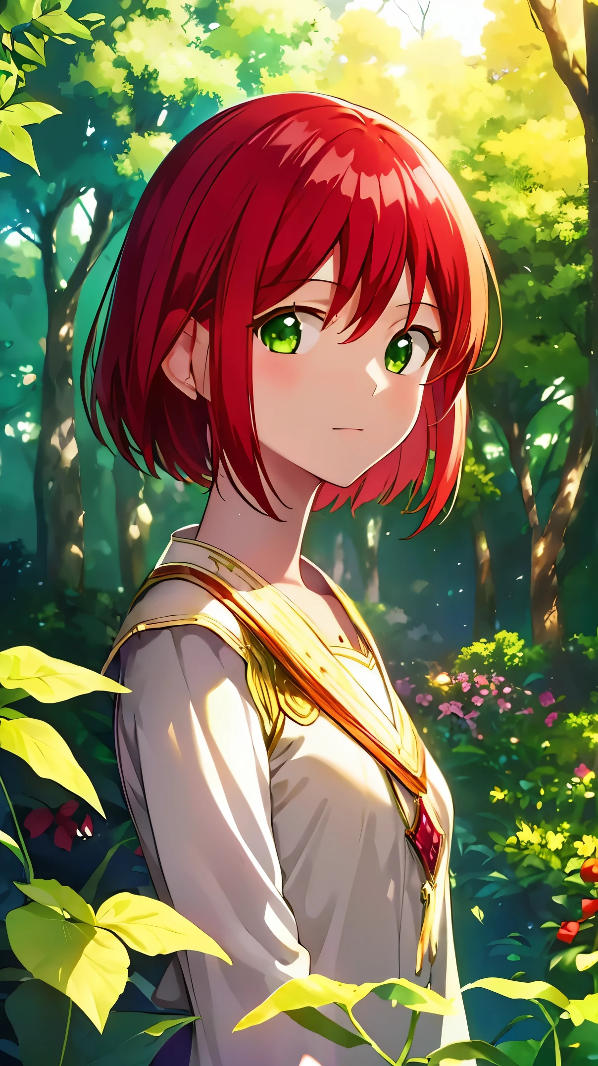 obra maestra, mejor calidad, ilustración, 1 chica, solo, mirando al espectador, , , , , shirayuki-hime, cabello rojo, ojos verdes, , Un bosque encantado donde abundan criaturas y plantas mágicas, Alta resolución