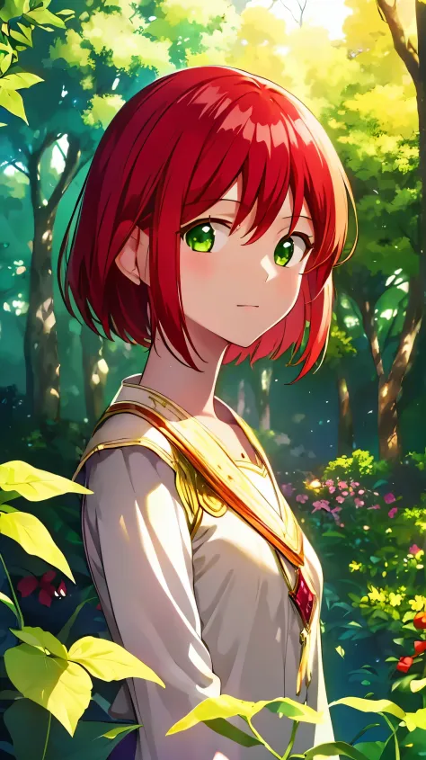 masterpiece, best quality, illustration, 1girl, solo, looking at viewer, , , , , shirayuki-hime, red hair, green eyes, , an ench...