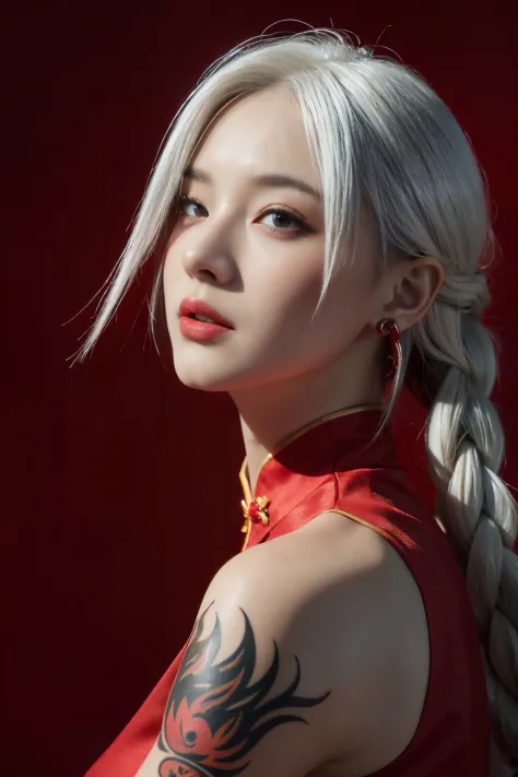 vibrant colors, female, masterpiece, sharp focus, best quality, depth of field, cinematic lighting, white hair, red eyes, braid,...