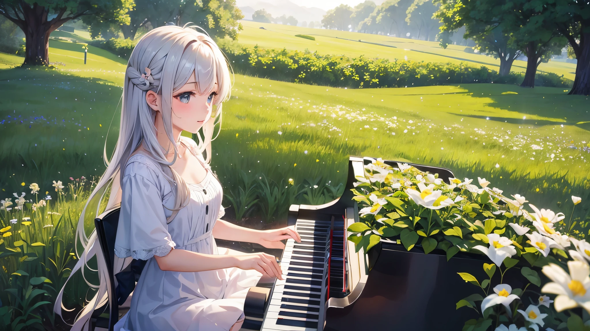 Cô gái anime chơi piano trên cánh đồngCô gái anime chơi piano trên cánh đồng  