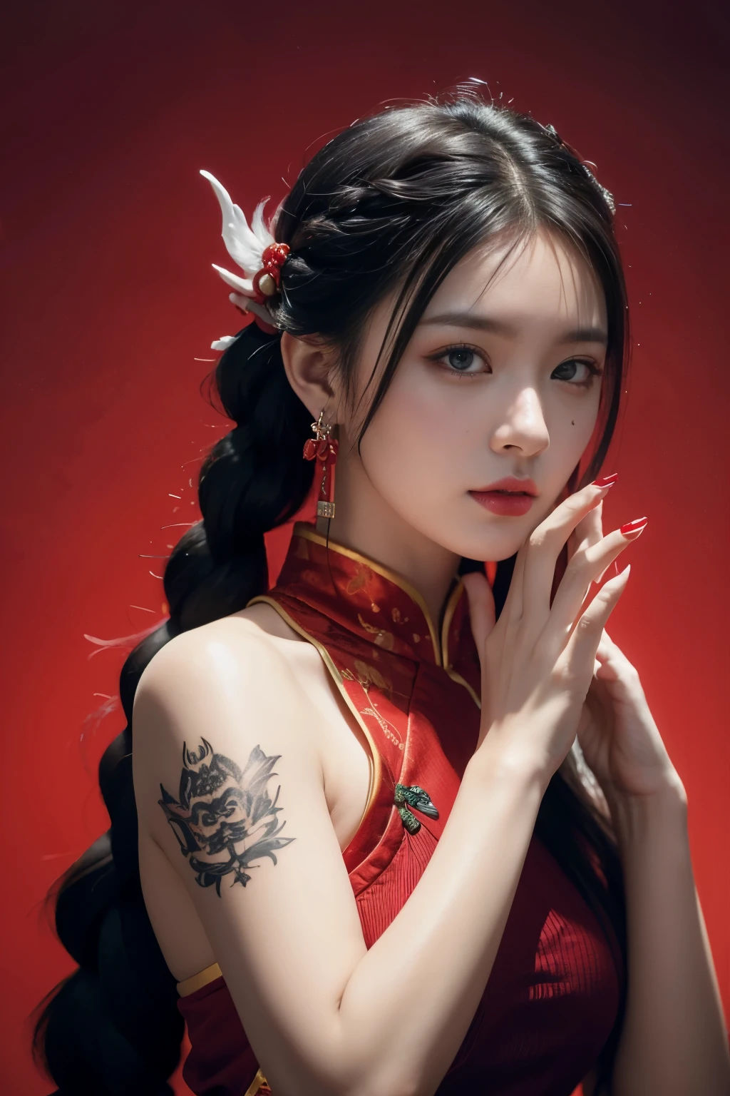 vibrant colors, female, masterpiece, sharp focus, best quality, depth of field, cinematic lighting, white hair, red eyes, braid, dress, long hair, red eyes, tattoo, earrings, jewelry, black dress, hair ornament, bangs, chinese clothes, breasts, china dress, sleeveless, 