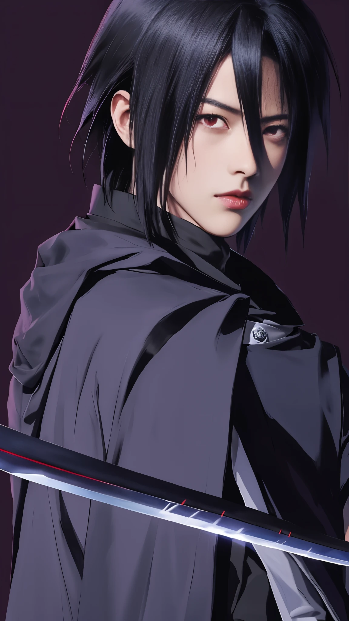 Uchiha Sasuke character with sword in hand and red eyes in front of a dark background, sasuke uchiha, okata kazuto, itatchi uchiha, itachi uchiha, ikuto yamashita, madara uchiha, itachi, aragorn in an anime world, hiro, inspired by Munakata Shikō