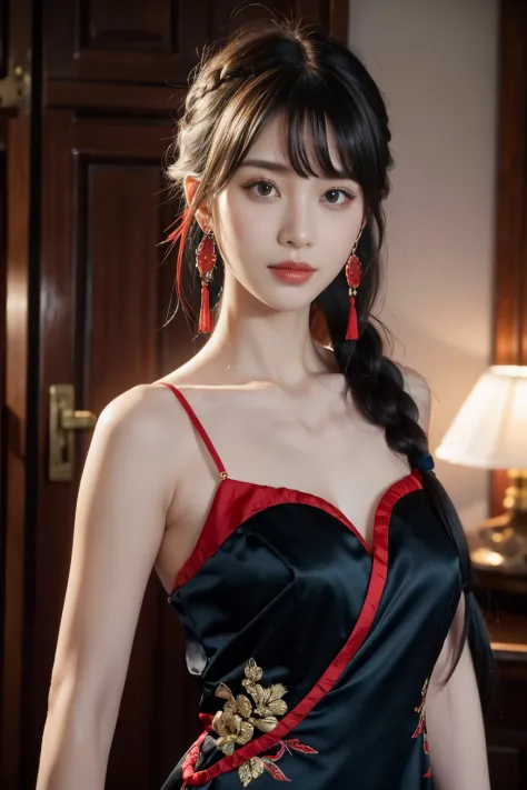vibrant colors, female, masterpiece, sharp focus, best quality, depth of field, cinematic lighting, white hair, red eyes, braid, dress, long hair, red eyes, tattoo, earrings, jewelry, black dress, hair ornament, bangs, chinese clothes, breasts, china dress...