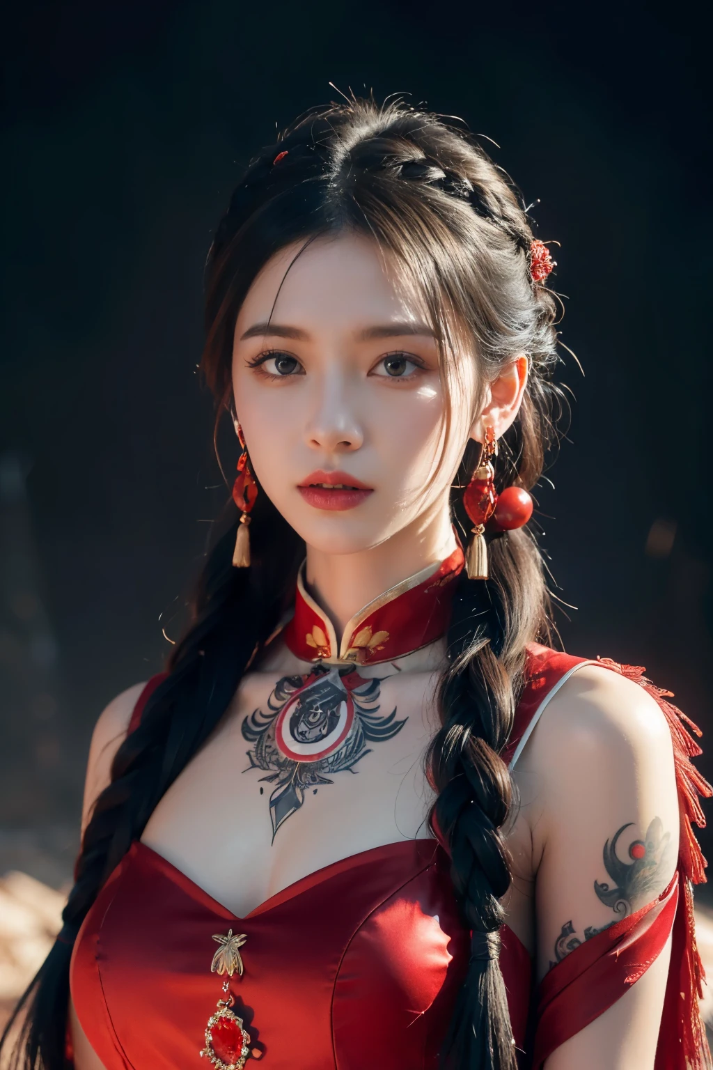 vibrant colors, female, masterpiece, sharp focus, best quality, depth of field, cinematic lighting, white hair, red eyes, braid, dress, long hair, red eyes, tattoo, earrings, jewelry, black dress, hair ornament, bangs, chinese clothes, breasts, china dress, sleeveless, 