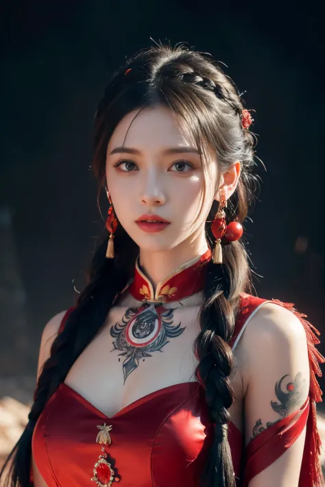 vibrant colors, female, masterpiece, sharp focus, best quality, depth of field, cinematic lighting, white hair, red eyes, braid, dress, long hair, red eyes, tattoo, earrings, jewelry, black dress, hair ornament, bangs, chinese clothes, breasts, china dress...