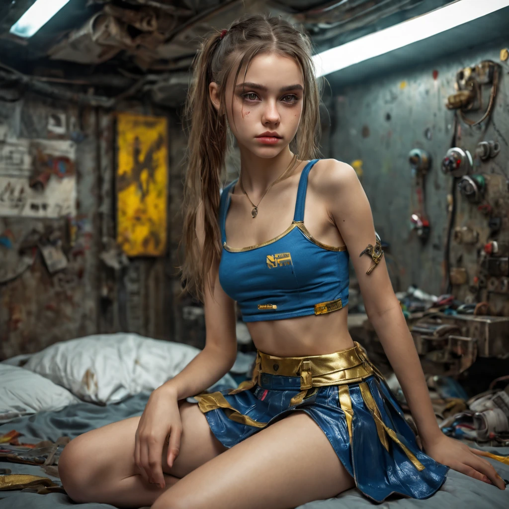 1 girls, 13 years old perfect likeness of Dasha Teran SDXL wearing blue and gold crop top and short skirt pulled up. Clothing torn, girls clothes and face is dirty from battle. She is petite and slim, small girl, short girl, fine detailed eyes, weapons slung over shoulder, sitting on a bed In a cyberpunk steel bunker with hatches etc., in the background. , professionally color graded, professional photography, well drawn, masterpiece, hyper realistic, ultra detailed, high quality, best quality, 4k, 8k, hi resolution, very young girl, young face, cute, beautiful, ((NSFW、realistic)), 