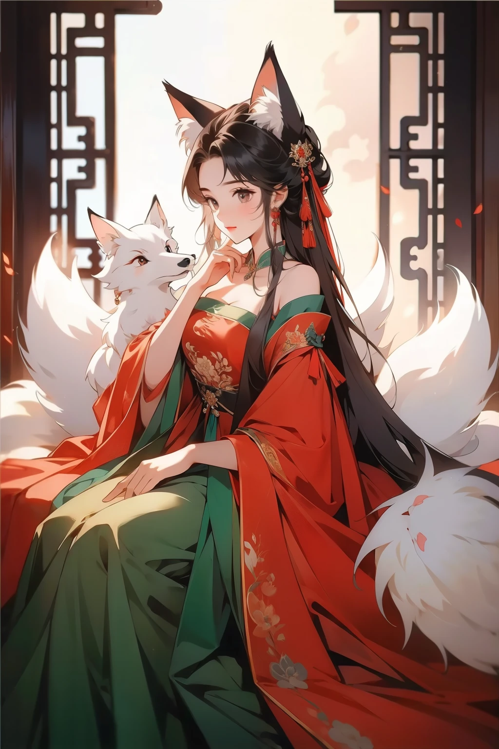 (masterpiece), (best quality), 1girl, girl with fox ears, dudou, Chinese dress, a nine-tail fox, off shoulder