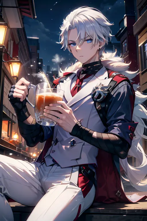 A white haired man with blue eyes  and long hair is sipping on a hot cider in the streets of a busy capital at night in a nice w...