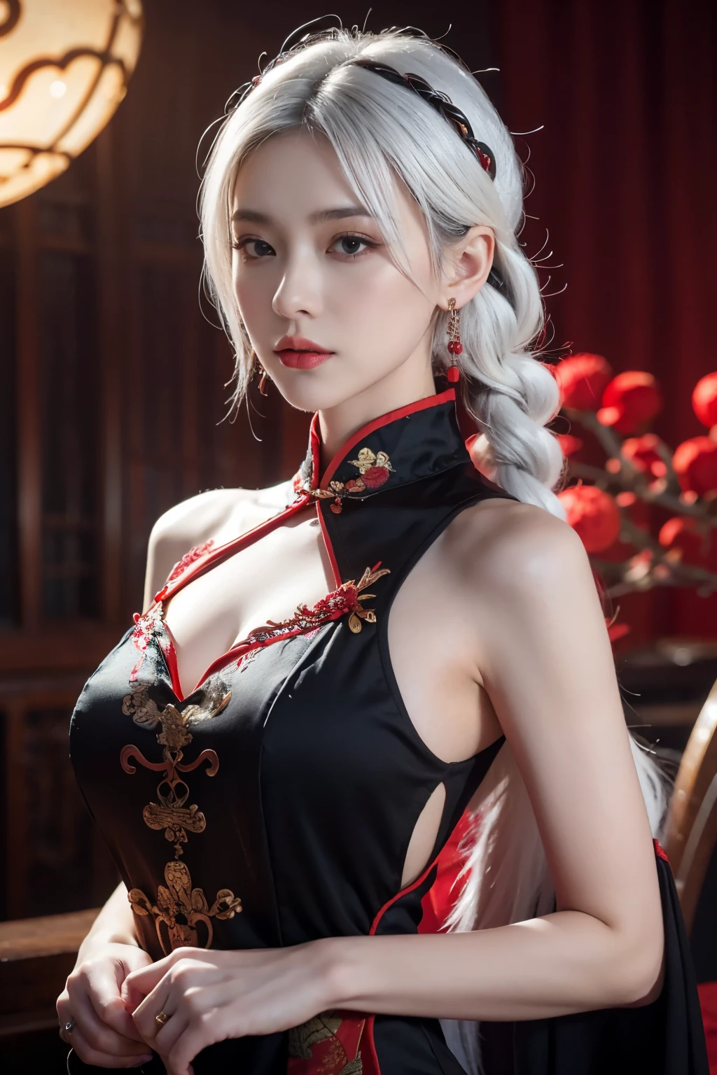 vibrant colors, female, masterpiece, sharp focus, best quality, depth of field, cinematic lighting, white hair, red eyes, braid, dress, long hair, red eyes, tattoo, earrings, jewelry, black dress, hair ornament, bangs, chinese clothes, breasts, china dress, sleeveless, 