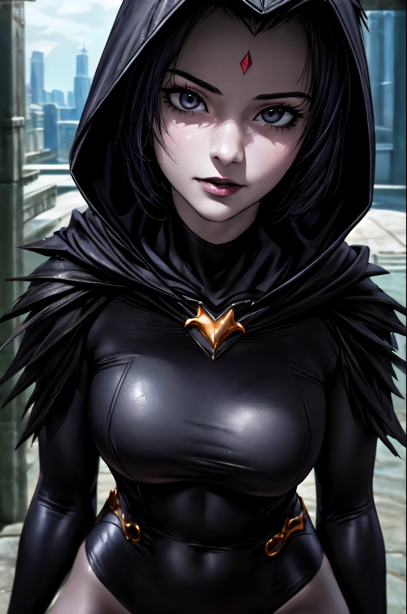 Obra de arte, melhor qualidade, Raven \(CC\), 1 garota, Super heroi, collant preto, capa preta com capuz, calça de couro preta, Obra de arte, melhor qualidade, mais alta qualidade, iluminação cinematográfica, (iluminação volumétrica), extremamente detalhado CG unity Papel de parede 8k, focado, Papel de parede 8k, Papel de parede 4k, extremamente detalhado, ultra realistic, fotorealistic, foco nitído, absurdos, (hdr:1.2), (Alto contraste), fotograph, Detalhado e intrincado, instagram, retrato em close, vibrante, QG 4K, foco nitído, (Ultra realistic [[foto]], rosto detalhado:1.0), (olhos detalhados:1.0), (realistic foto:1.1), (Obra de arte:1.0), fundo detalhado , cidade Negra 