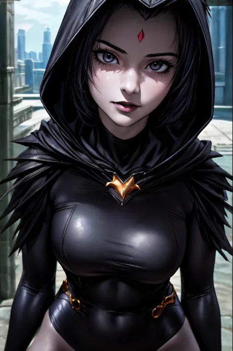 masterpiece, best quality, raven \(dc\), 1girl, superhero, black leotard, black hooded cloak, black leather pants, masterpiece, ...