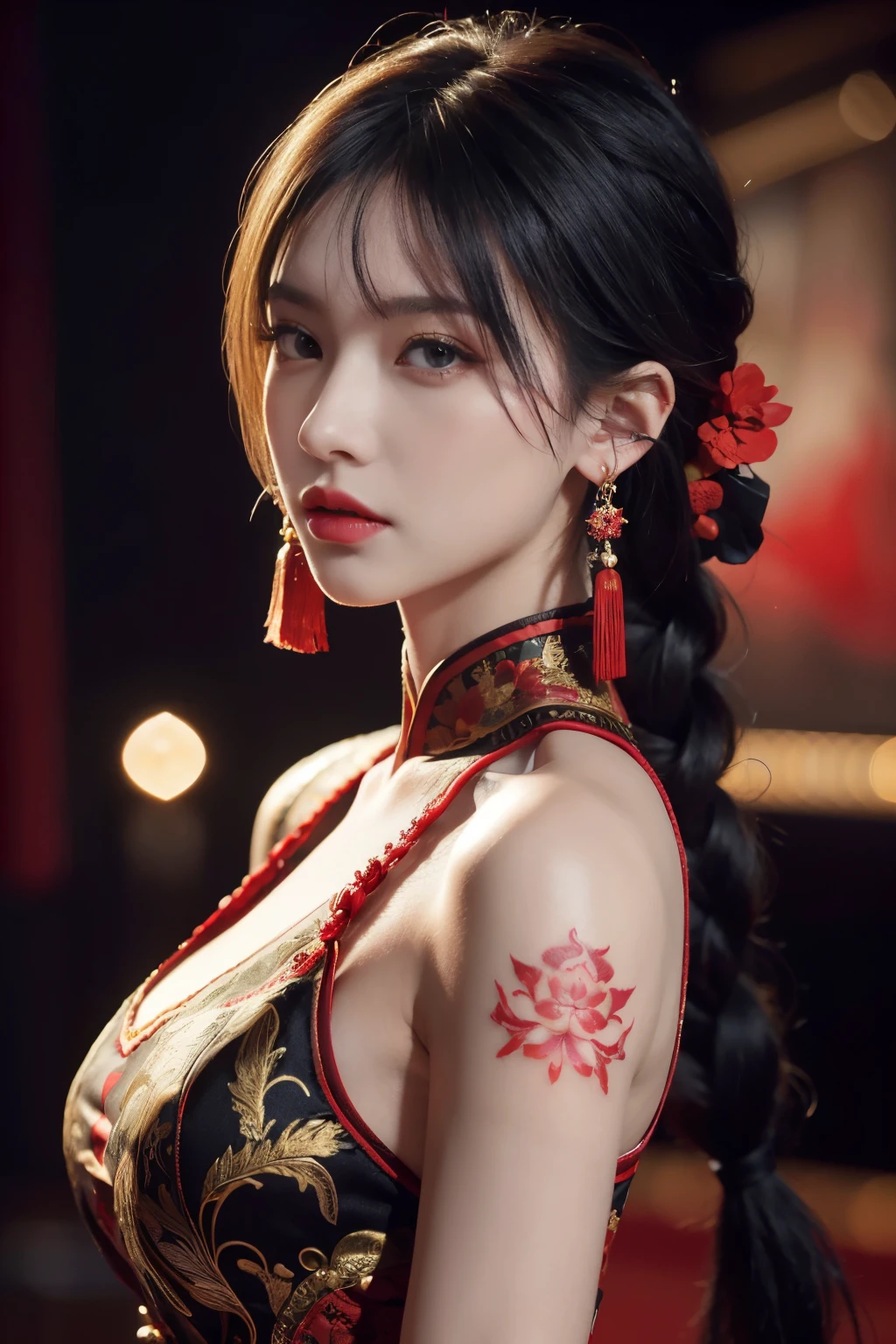 vibrant colors, female, masterpiece, sharp focus, best quality, depth of field, cinematic lighting, white hair, red eyes, braid, dress, long hair, red eyes, tattoo, earrings, jewelry, black dress, hair ornament, bangs, chinese clothes, breasts, china dress, sleeveless, 