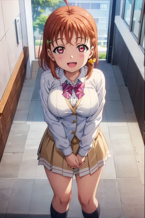 (((pixel perfect, Breasts Breasts boobs boobs Detail Perfect))), solo, 1 girl, Chika Takami, Uranohoshi&#39;s uniform, bow, Looking at Viewer, shy smile, :boobs boobs D、No bra