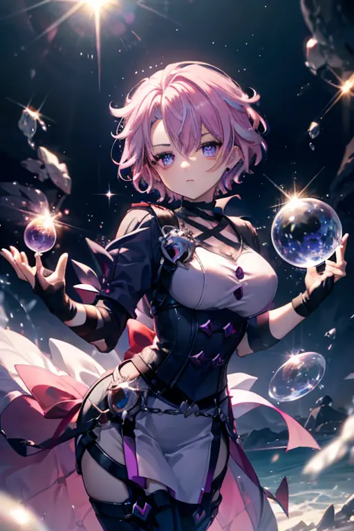 a pink haired queen with violet eyes with an hourglass figure and short hair  is bursting through the top a black shadow bubble
