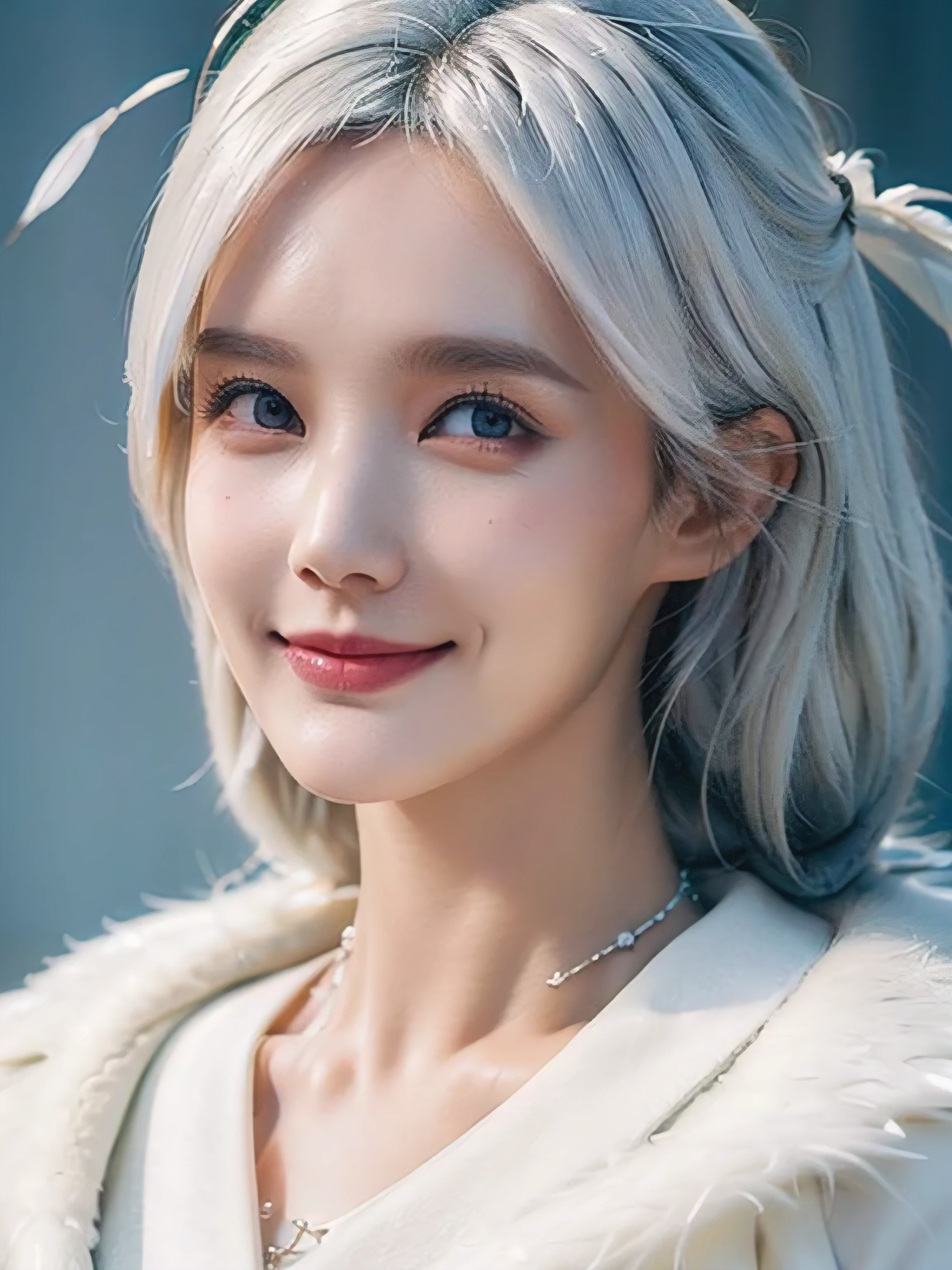 girl, Smile, delicate skin, white hair, necklace, elegant collar, Fluffy smooth feather jacket, Heterochromia, beautiful, beautiful, high detail, best quality, super detailed, Hyperactual, actual, masterpiece, complicated, ridiculous, employment