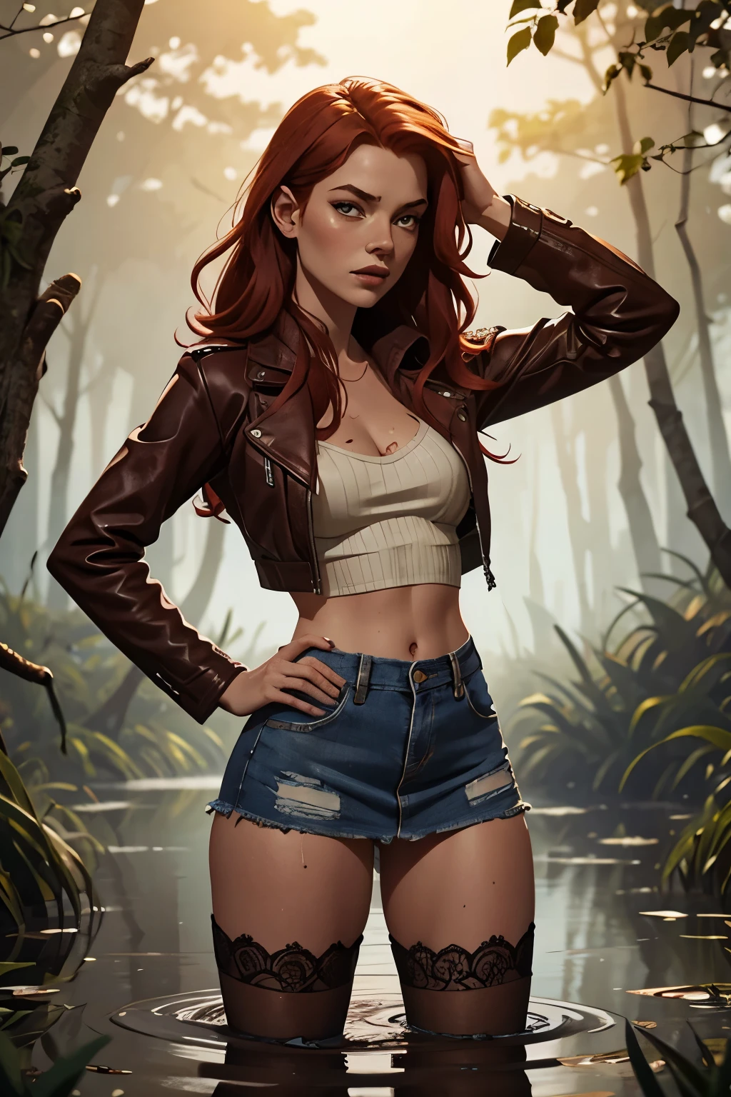 Um retrato detalhado de uma mulher ruiva em pé+afogamento em um pântano. Posando Sexy. Ela está vestindo uma saia jeans, meias de renda e jaqueta de couro. Sua pele está pálida e úmida, e há sinais de abuso e violência ritualizados. Ela é vítima de um cenário trágico, e os detalhes da cena são vívidos