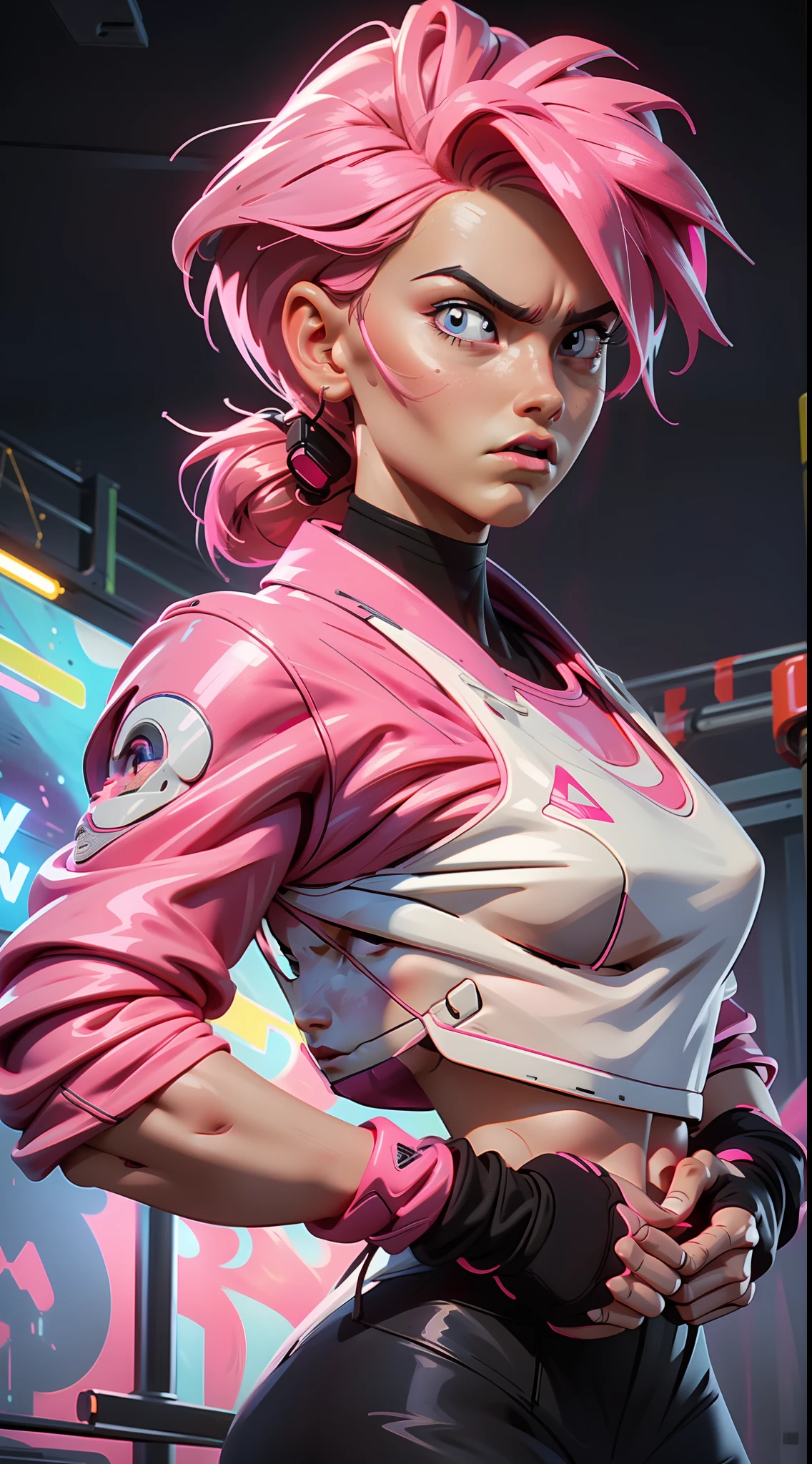 (best quality, masterpiece) scifi, futuristic, raw photo, 1girl with sexy laces clothes, (pink glossy hair) angry look, ultrasharp, (outline contourn) luminous paint, ultrasharp, particles, flares, neon Tokyo street background, many details in an amazing composition