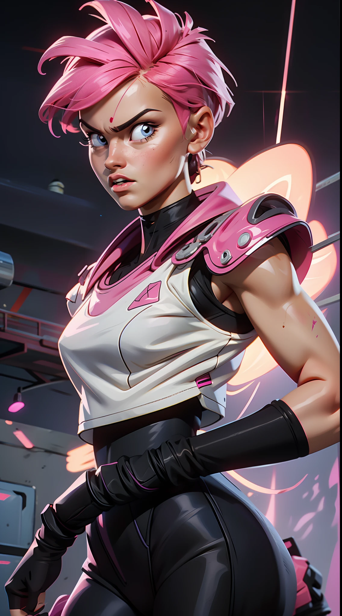 (best quality, masterpiece) scifi, futuristic, raw photo, 1girl with sexy laces clothes, (pink glossy hair) angry look, ultrasharp, (outline contourn) luminous paint, ultrasharp, particles, flares, neon Tokyo street background, many details in an amazing composition