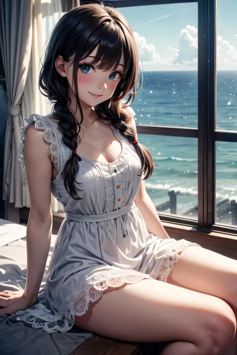 very cute and beautiful girl sitting near the window,Ruffled white sundress with fine lace,spread your legs,white panties,
(very detailed美しい顔と目:1.2),Antique hotel bedroom with outside view,distant tree々and the sea,
cowboy shot,(smile),blush,medium hair,bla...