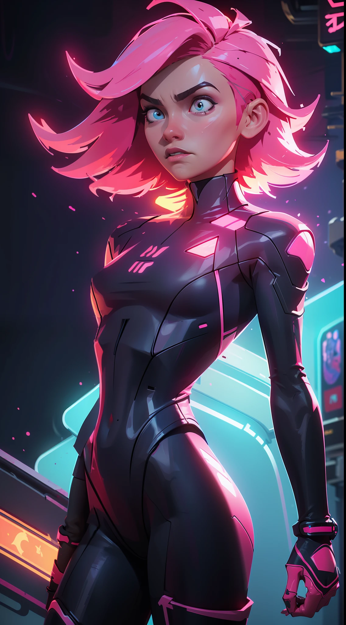 (best quality, masterpiece) scifi, futuristic, raw photo, 1girl with sexy laces clothes, (pink glossy hair) angry look, ultrasharp, (outline contourn) luminous paint, ultrasharp, particles, flares, neon Tokyo street background, many details in an amazing composition