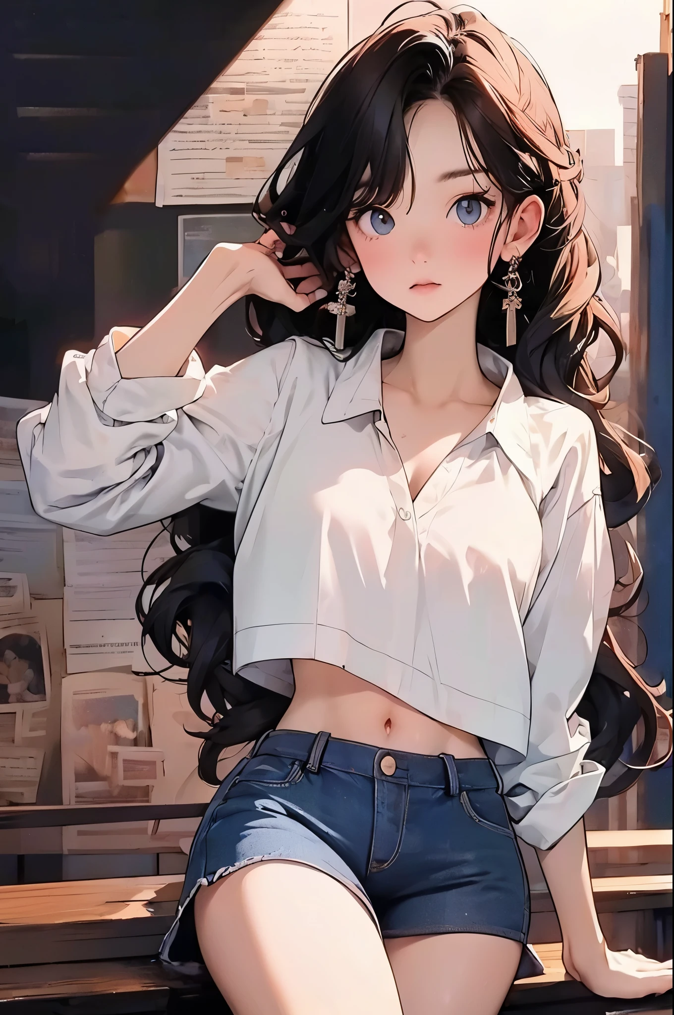 navel, split, (Big breasts: 1.2) ciri, There is water on the body, The clothes are soaked, ((super mini skirt, tight body, Public hair is huge, )), White shirt, tight body, Ultra-thin shirt, (Extra short shirt, downpour), wet clothes, long hair, black hair, curls, double eyelids, ear nipple ring, Not wearing, , no underwear, Curved body, sexy body, Perfect body, ((Realistic lighting, best quality, 8k, masterpiece:1.3)), sharp focus:1.2, 1 girl, Beautiful woman with perfect figure:1.4, slim abs:1.1，Super thin face，beautiful eyes，double eyelids，