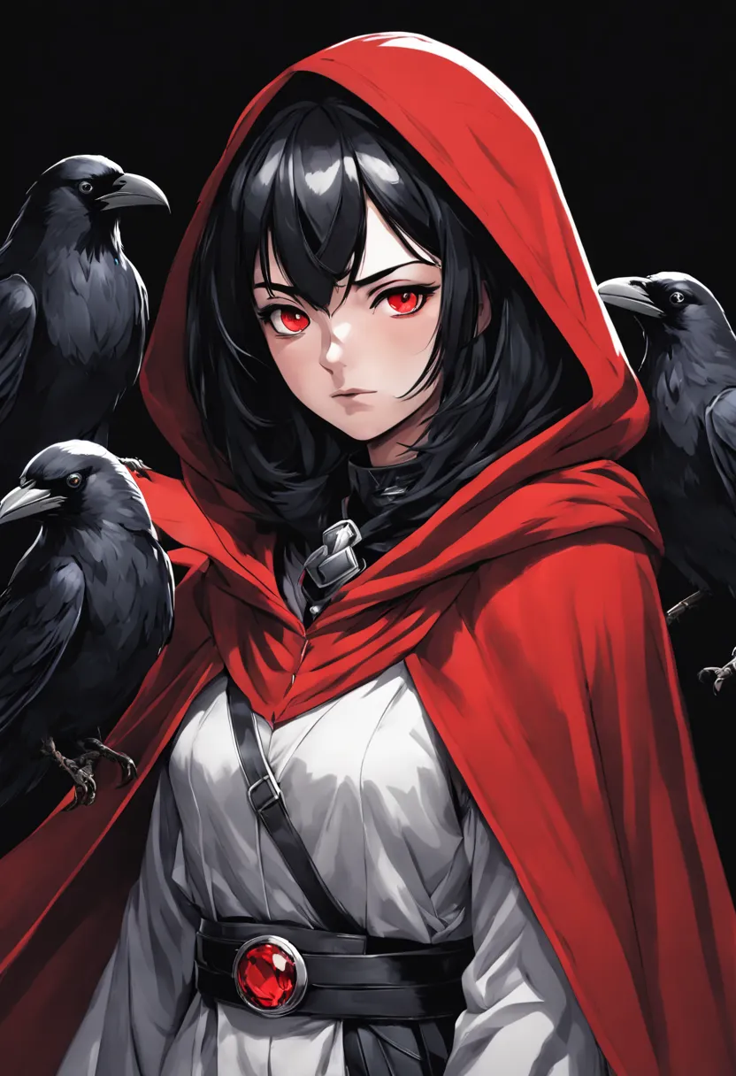 manga style, female as raven looking at viewer, black hair, black background, belt, hood and cape, red gemstone on forehead, qui...