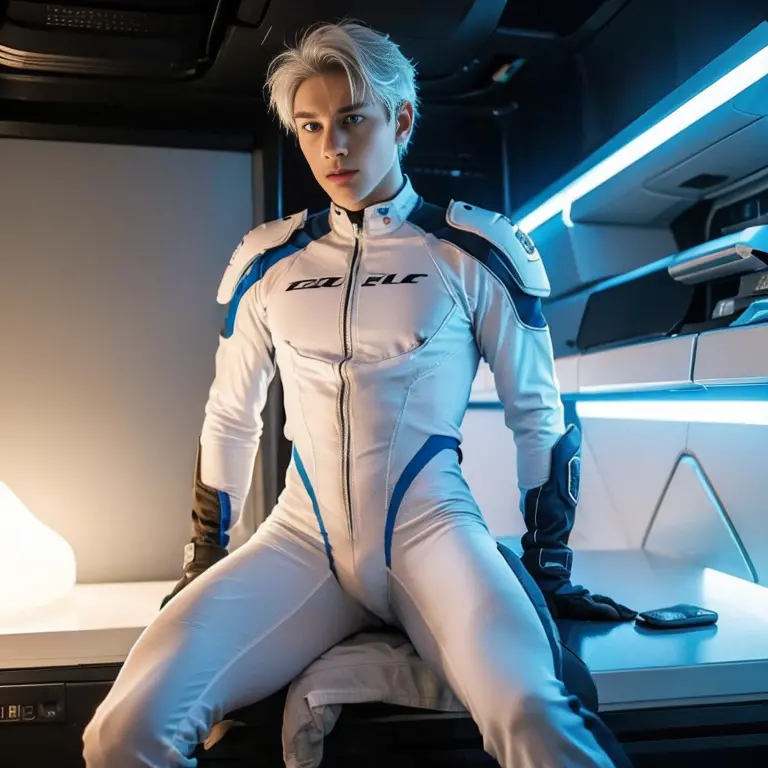 body suit, white and blue suit, futuristic suit, white gauntlets, white gloves, white hands, skin tight bodysuit, toned male, te...