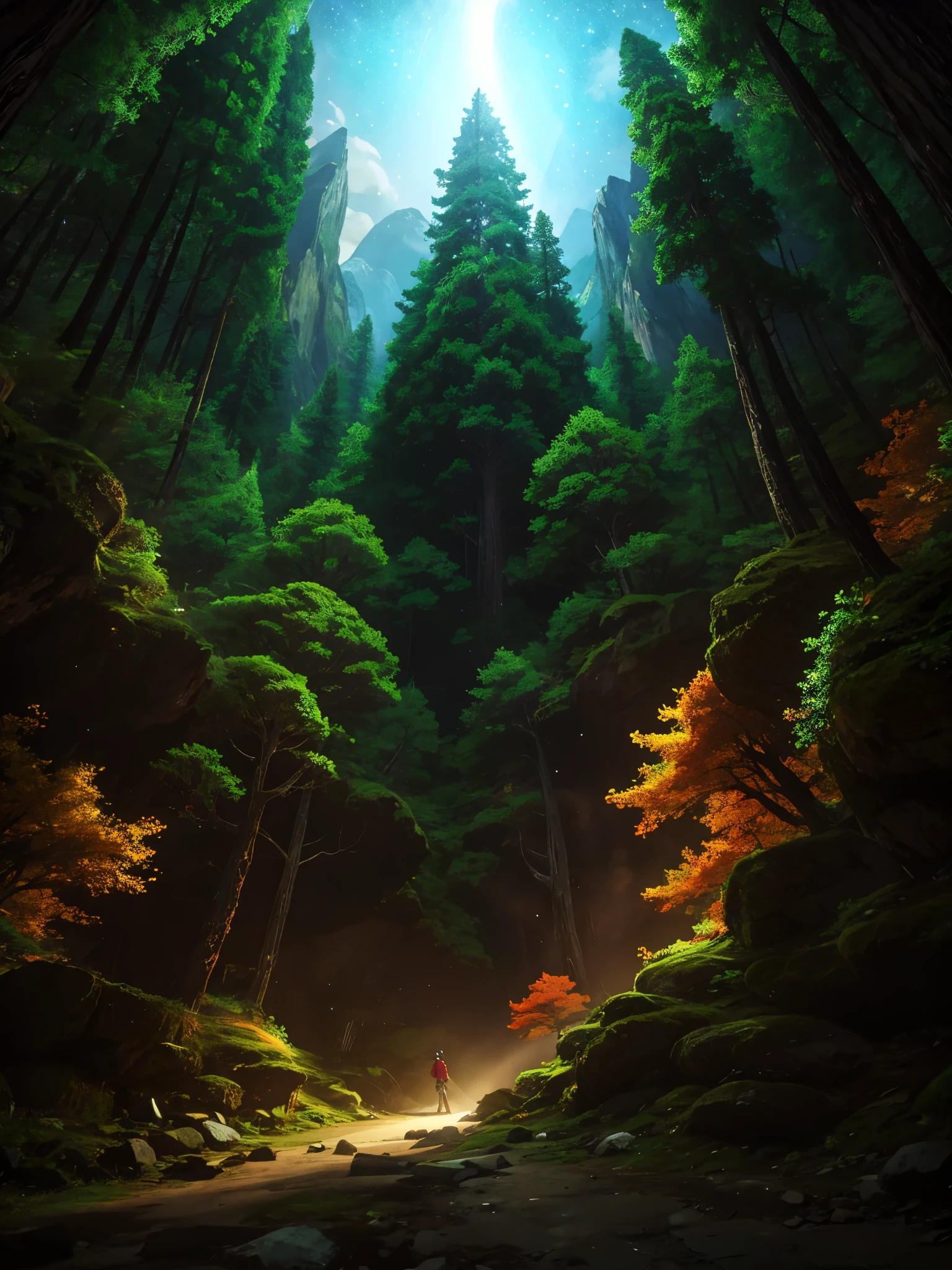 별과 고품질 디테일로 가득한 애니메이션 풍경. 매우 날카로운. 사실적인 셰이더. 밤. 숲. 산. 8K