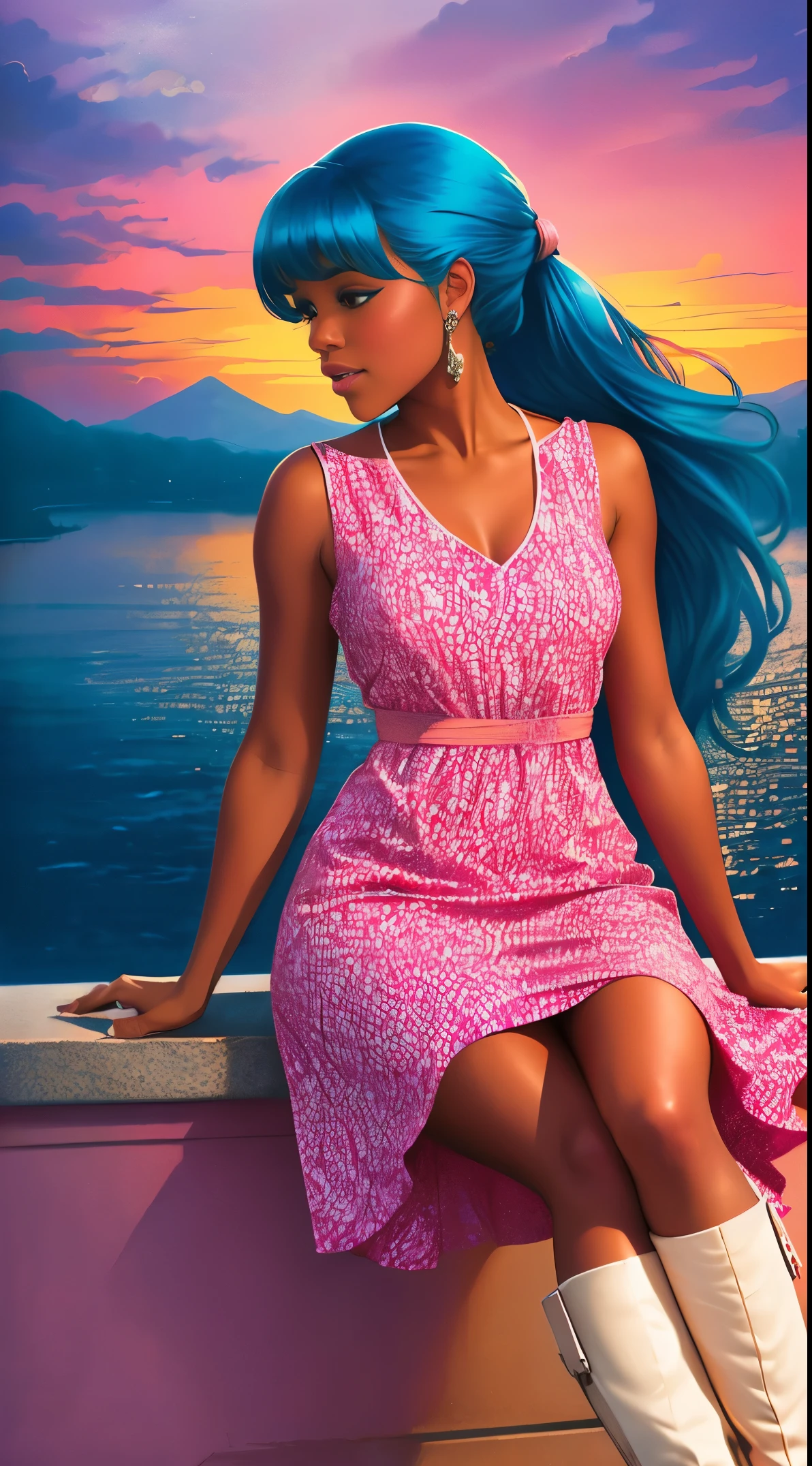(Лучшее качество:1.1),оригинальный,1 девушка,шикарный,тенденции,афро,темная кожа,составить,1970-е годы, синие волосы, карие глаза Иллюстрация африканской американки с натуральными волосами, в стиле Росс Трана, розовое платье с милым облачным принтом и милые розовые ботильоны, великолепная женщина с очень длинными волосами, собранными в хвост с челкой, сидит на нежно-розовом облаке и смотрит на далекий волшебный город далеко под собой, на закате --ар 2:3 -- в 6.0 розовый и оранжевый, Джессика Дроссин, Печать блоков жирным шрифтом, Майкл Мальм, смелый, но изящный, смелый традиционный