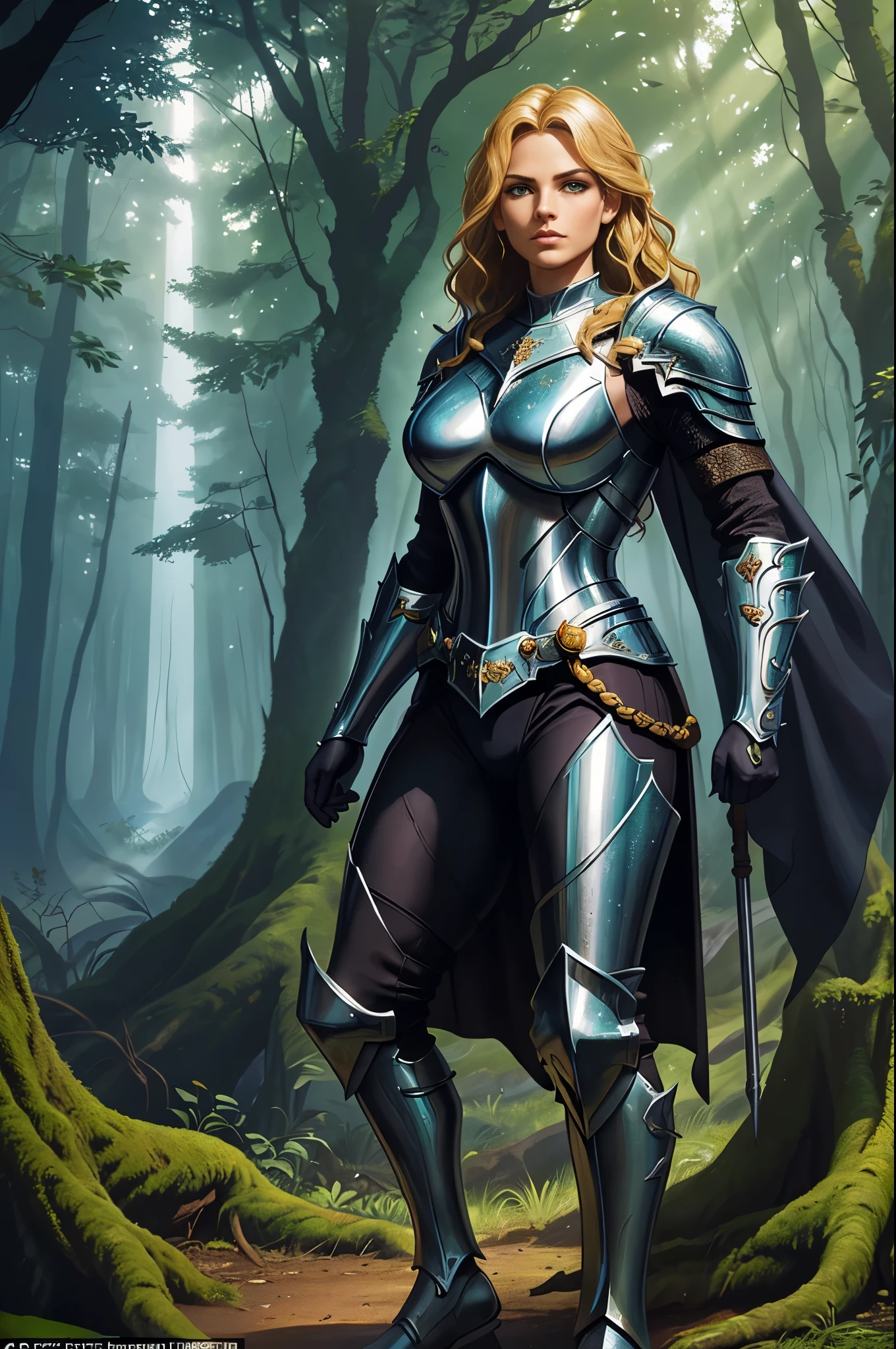 (lithe, athletic, strong, powerful:1.1), (beautiful, stunning, gorgeous:1.1), (blonde, golden-haired:1.1) knight woman with (well-defined, sculpted, toned:1.1) muscles, (sharp, piercing:1.1) eyes and a (determined, confident:1.1) expression. She wears a suit of (shiny, polished, reflective:1.1) armor, adorned with intricate engravings and embellishments. Her short hair is (wavy:1.1) and falls gracefully around her face. She carries a (gleaming, decorated:1.1) sword in one hand, and a (sturdy, formidable:1.1) shield in the other, both reflecting the light with a (radiant, dazzling:1.1) glow. The knight stands in a (majestic, grand:1.1) pose, exuding a sense of (nobility, gracefulness:1.1) and (power, strength:1.1).

The scene takes place in a (mysterious, enchanted:1.1) forest, with (sunlight, rays of light:1.1) piercing through the canopy above, creating a beautiful (dappled, ethereal:1.1) effect on the ground. The trees surrounding the knight are tall and ancient, their trunks covered in (twisted, gnarled:1.1) roots and (lush, vibrant:1.1) moss. The air is filled with the scent of (wildflowers, pine:1.1) and the sounds of (rustling leaves, chirping birds:1.1). Wisps of (magical, shimmering:1.1) energy float in the air, adding an element of (mystery, enchantment:1.1) to the scene.

The knight's armor reflects the colors of nature, with hints of (emerald green, golden yellow:1.1) and (deep blue, rich purple:1.1). Her eyes sparkle with a (bright, vibrant:1.1) blue, mirroring the sky above. The overall color tone of the scene is (warm, earthy:1.1) and (saturated, vivid:1.1), enhancing the sense of (adventure, excitement:1.1) and (boldness, courage:1.1).

The lighting in the scene is (soft, diffused:1.1), with the sunlight filtering through the leaves creating subtle shadows and highlights on the knight's armor. The (gentle, warm:1.1) glow gives the scene a sense of (serenity, tranquility:1.1) and (magic, wonder:1.1).

This prompt aims to generate a high-quality, photorealistic image of a fierce and elegant blonde knight woman, surrounded by the enchanting beauty of a mystical forest. The attention to detail in the knight's appearance, armor, and the surrounding environment, along with the use of vibrant colors and magical lighting, will result in a visually striking and captivating artwork.