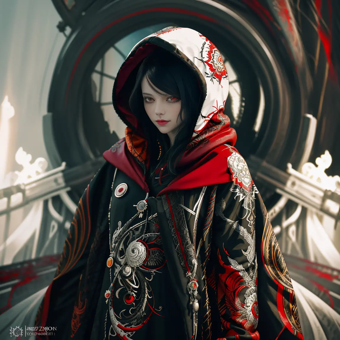 Colorful beautiful red eyed woman: Black ink flow: 8k resolution photorealistic masterpiece: by Aaron Horkey and Jeremy Mann: in...