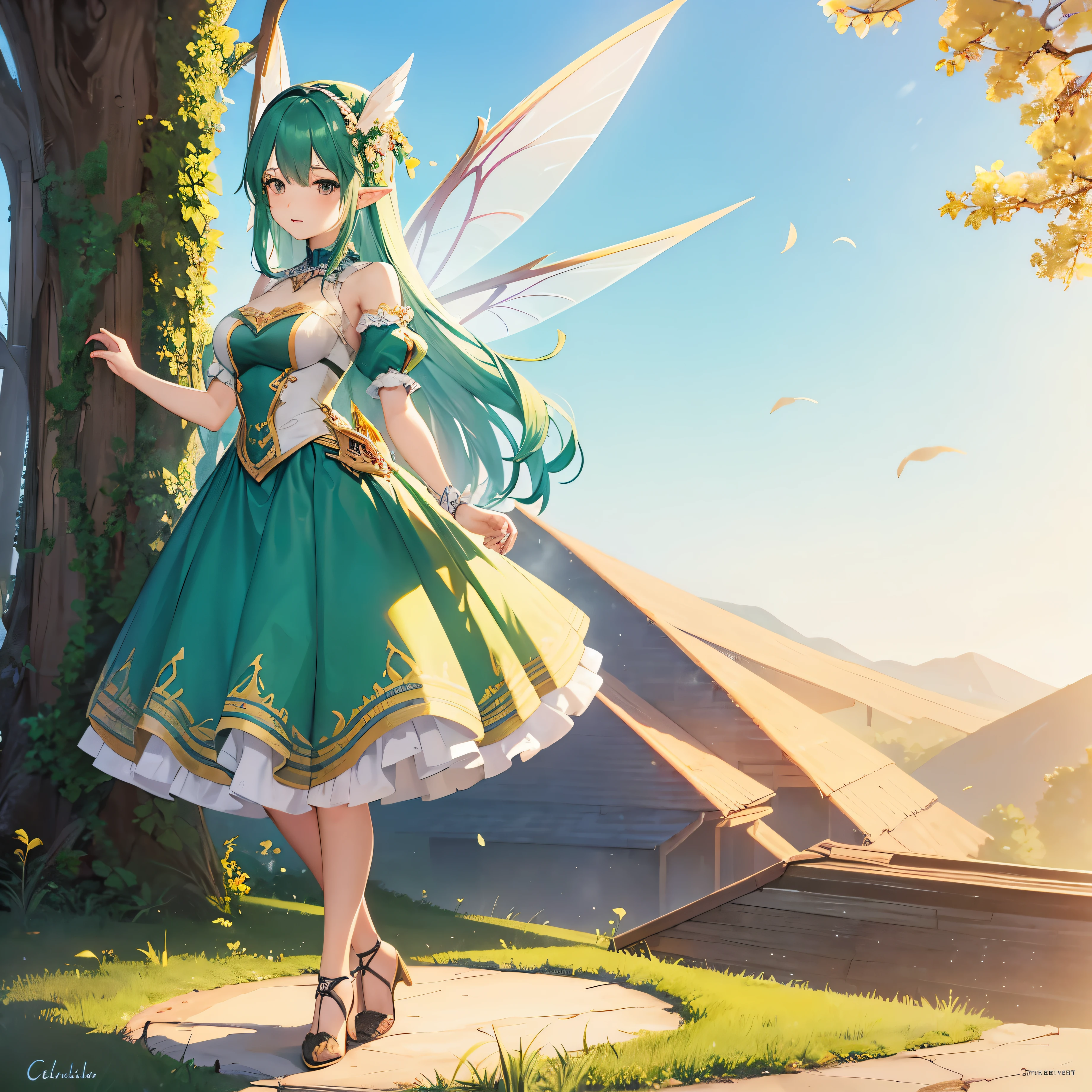 Adult 25 years old woman Flying fairy wearing fairy clothes design outfit , detailed fairy clothes outfit , character design , standing full body facing toward the camera