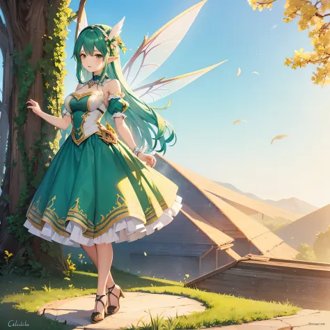 Adult 25 years old woman Flying fairy wearing fairy clothes design outfit , detailed fairy clothes outfit , character design , s...