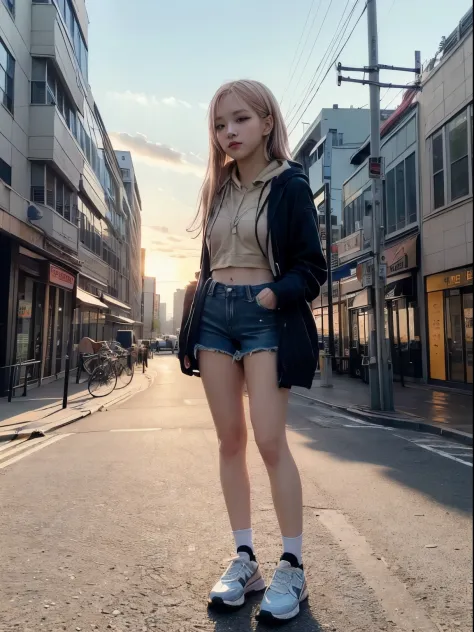 masterpiece: 1.4, (8K, Reality, RAW photograph, best quality: 1.4), bright lighting, beautiful detailed eyes, real skin:1.3, Beautiful skins, Attractive, high resolution, Ultra photo realism, Detailed: 1.6, ((hoodie:1.6, denim shorts:1.6, sport shoes:1.6))...