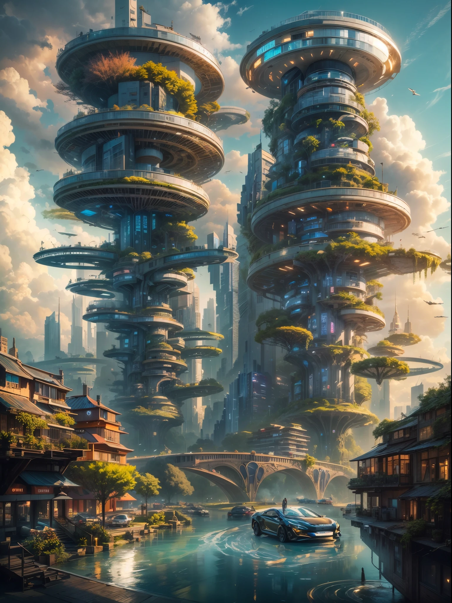 (best quality,4k,8k,highres,masterpiece:1.2),ultra-detailed,(realistic,photorealistic,photo-realistic:1.37), BREAK,futuristic floating city,futuristic technology,city on a gigantic high-tech flat platform,airship,floating in the sky,futuristic city,small airship around,high-tech half-sphere platform,colorful lights,advanced architecture,modern buildings,skyscrapers,reaching the clouds,awe-inspiring view,urban landscape,impressive design,seamless integration with nature,dynamic and vibrant atmosphere BREAK futuristic transport system,hovering vehicles,transparent pathways,lush greenery,hanging gardens,cascading waterfalls,magnificent skyline,reflection on the water,sparkling river,architectural innovation,futuristic skyscrapers,transparent domes,unusual shaped buildings,elevated walkways,impressive skyline,glowing lights,futuristic technology,minimalist design,scenic viewpoints,panoramic view,cloud-piercing towers, BREAK vibrant colors,epic sunrise,epic sunset,dazzling display of lights,magical ambiance,city of the future,urban utopia,luxurious lifestyle,innovative energy sources,sustainable development,smart city technology,advanced infrastructure,tranquil atmosphere,harmonious coexistence of nature and technology,awe-inspiring cityscape,unprecedented urban planning,seamless connection between buildings and nature,high-tech metropolis,cutting-edge engineering marvels,future of urban living,visionary architectural concepts,energy-efficient buildings,harmony with the environment BREAK,city floating above the clouds,utopian dreams turned reality,limitless possibilities,advanced transportation network,green energy integration,innovative materials,impressive holographic displays,advanced communication systems,breathtaking aerial views,peaceful and serene surroundings,modernist aesthetics,ethereal beauty