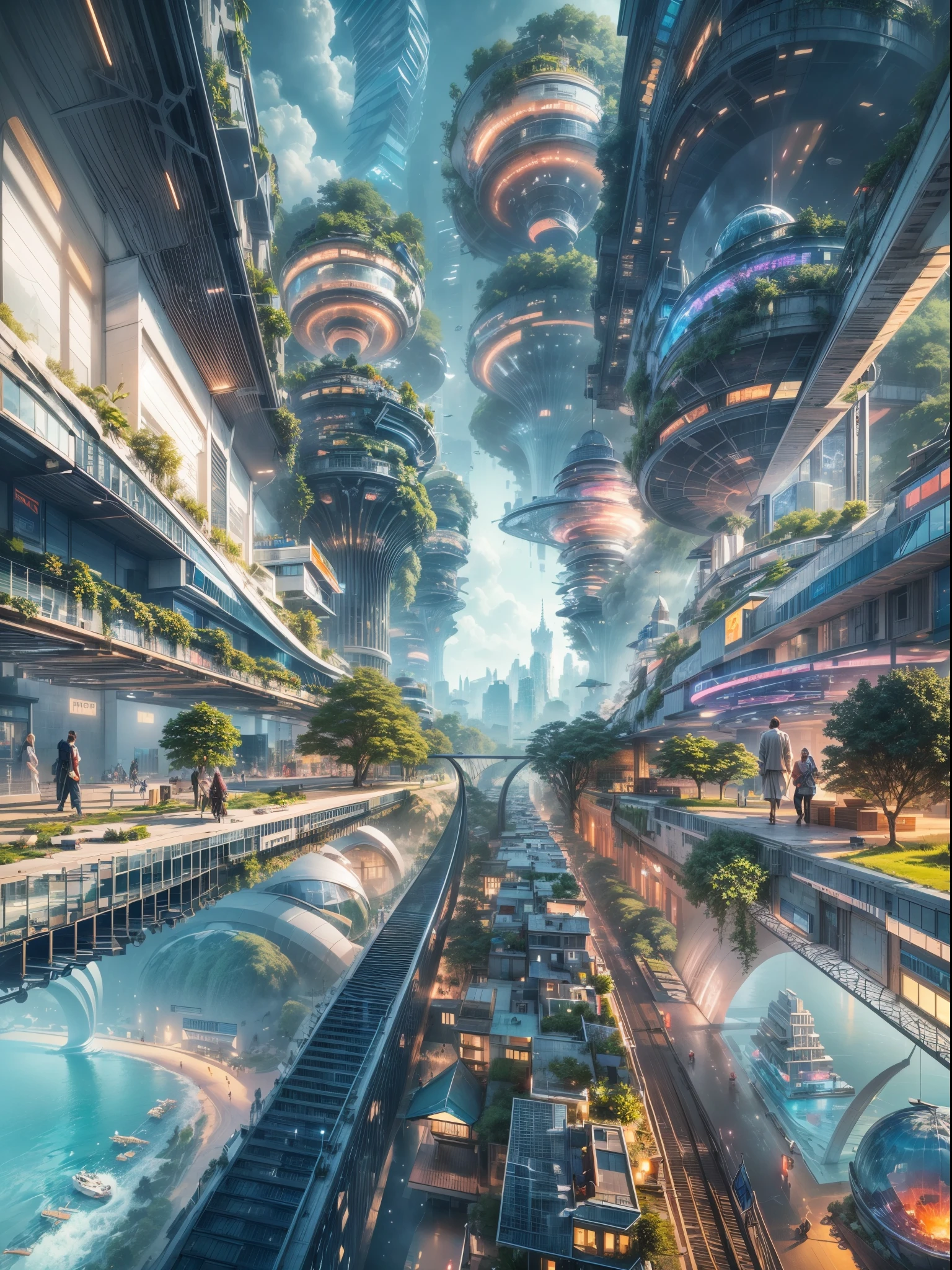(最高品質,4K,8k,高解像度,傑作:1.2),超詳細,(現実的,photo現実的,photo-現実的:1.37), 壊す,未来的な水上都市,未来の技術,巨大なハイテクな平らなプラットフォーム上の都市,飛行船,空に浮かぶ,未来都市,small 飛行船 around,ハイテク半球形プラットフォーム,カラフルなライト,高度なアーキテクチャ,近代的な建物,高層ビル,雲に届く,畏敬の念を抱かせる景色,都市景観,印象的なデザイン,自然とのシームレスな融合,dynamic and vibrant atmosphere 壊す futuristic transport system,ホバリング車両,透明な通路,豊かな緑,空中庭園,滝,壮大なスカイライン,水面に映る,輝く川,建築の革新,futuristic 高層ビル,透明なドーム,変わった形の建物,高架歩道,印象的なスカイライン,光るライト,未来の技術,ミニマリストデザイン,景色の良い展望台,全景,雲を突き抜ける塔, 壊す vibrant colors,壮大な日の出,壮大な夕日,まばゆいばかりの光の展示,魔法のような雰囲気,未来の都市,都会のユートピア,贅沢なライフスタイル,革新的なエネルギー源,持続可能な発展,スマートシティテクノロジー,高度なインフラストラクチャ,静かな雰囲気,自然と技術の調和のとれた共存,畏敬の念を抱かせる街並み,前例のない都市計画,建物と自然のシームレスなつながり,ハイテク都市,最先端の工学の驚異,都市生活の未来,先見性のある建築コンセプト,エネルギー効率の高い建物,harmony with the environment 壊す,雲の上に浮かぶ街,ユートピアの夢が現実になった,無限の可能性,高度な交通ネットワーク,グリーンエネルギーの統合,革新的な素材,印象的なホログラフィックディスプレイ,高度な通信システム,息を呑むような空中景観,平和で穏やかな環境,モダニズムの美学,天上の美しさ
