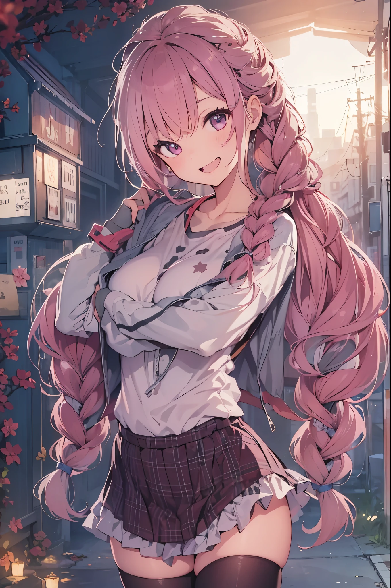 8K, best quality,Sophisticated,Beautiful Woman, smile,  Body, Adult, Cute, Anime, Night Background,Cute Clothes,Midnight,Big Tits, ,Country,Braids,Long Hair, pink hair, retreating figure, ass 