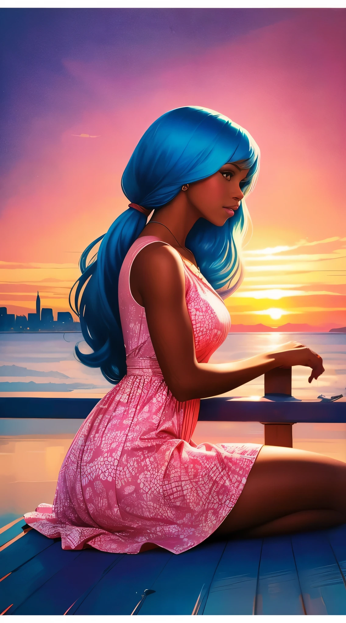 (mejor calidad:1.1),original,1 chica,elegante,Tendencias,afro,piel oscura,constituir,1970, pelo azul, ojos marrones Una ilustración de una mujer afroamericana con cabello natural, al estilo de Ross Tran, un vestido rosa con un lindo estampado de nubes y lindas botas rosas, una hermosa mujer con el pelo extremadamente largo recogido en una cola de caballo con flequillo, sentada en una suave nube rosada mirando una lejana ciudad mágica muy por debajo de ella, al atardecer --ar 2:3 - en 6.0 rosa y naranja, Jessica Drossin, impresiones de bloques en negrita, michael malm, audaz pero elegante, negrita tradicional